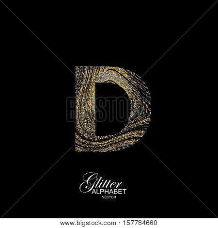 Letter D of golden and silver glitters. Typographic vector element for design. Part of marble texture imitation alphabet. Letter D with diffusion glitter lines swirly pattern. Vector illustration