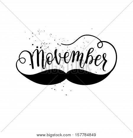 Movember cancer awareness icon banner poster card. Vector element with hand lettering text mustache on white background.