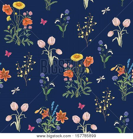 Tulip, dandelion, cornflower, delicate flower, vector pattern. wildflowers, poppy, chamomile, background