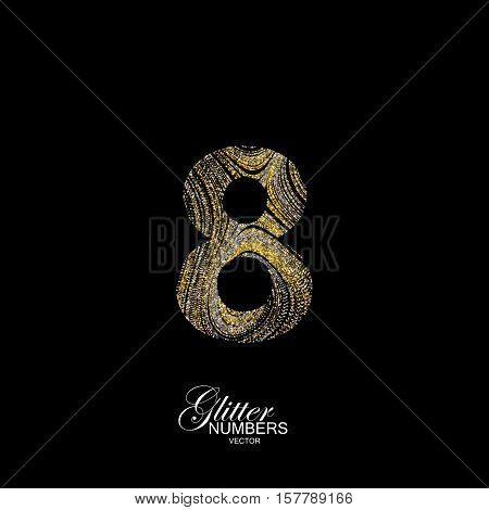 Number 8 of golden and silver glitters. Typographic vector element for design. Part of marble texture imitation alphabet. Digit eight with diffusion glitter lines swirly pattern. Vector illustration