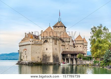 VEYTAUX,SWITZERLAND - SEPTEMBER 3,2016 - View at the Chillon castle. Chillon Castle is an island castle located on Lake Geneva south of Veytaux in the canton of Vaud.
