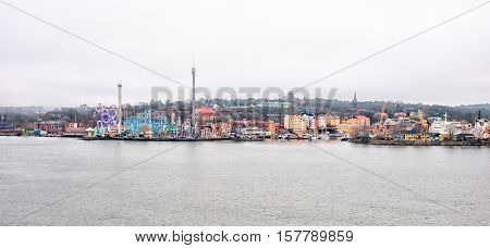 Stockholm, Sweden - April 11, 2010: View of Grona Lund Amusement Park on Djurgarden Island in early morning.The Park was founded in 1883 and it is famous tourist attraction.
