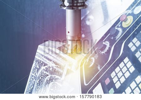 Abstract scene of the face milling tool with the raw material work piece on the CNC milling machine and lighting effect.