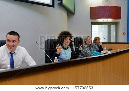 ST. PETERSBURG, RUSSIA - NOVEMBER 16, 2016: Vice-president HR, PR, corporate marketing of the biotechnology company BIOCAD Alexandra Glazkova (center) during press conference