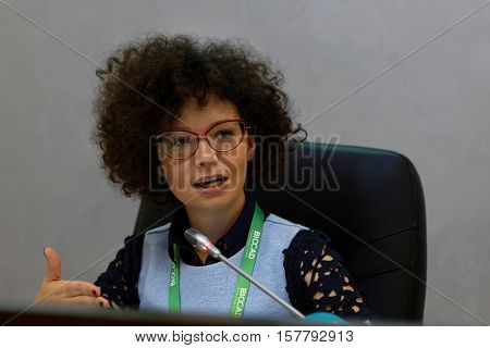ST. PETERSBURG, RUSSIA - NOVEMBER 16, 2016: Vice-president HR, PR, corporate marketing of the biotechnology company BIOCAD Alexandra Glazkova during press conference