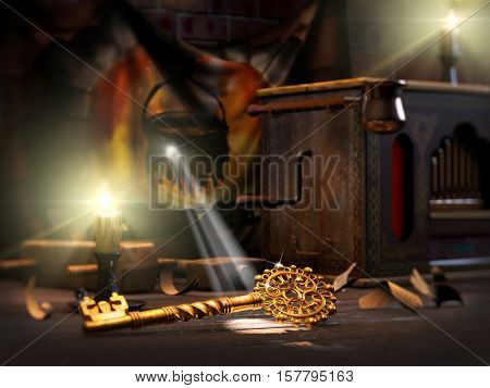 3D illustration of fairy tale of Golden key