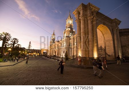 AREQUIPA PERU NOVEMBER 9: Main square of Arequipa with church on november 9 2015 in Arequipa Peru. Arequipa's Plaza de Armas is one of the most beautiful in Peru.