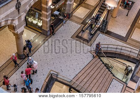 Amsterdam Netherlands - August 1 2016: High angle view of the lobby of Magna Plaza Shopping Center in Amsterdam. Indoor view