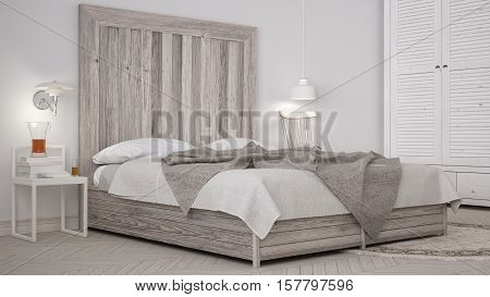 DIY bedroom bed with wooden headboard scandinavian white eco chic design, 3d illustration