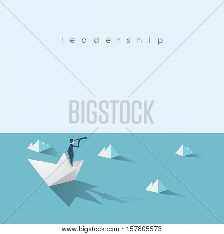 Businessman on paper boat on the sea with icebergs. Symbol of business risk and leadership. Eps10 vector illustration.