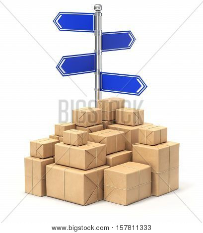 Signpost with four arrows and post packages - 3D illustration