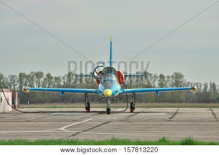 Vasilkov Ukraine - April 24 2012: Ukraine Air Force Aero L-39 Albatros trainer plane is being prepared for flight on the airfield