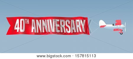 40 years anniversary vector illustration banner flyer icon symbol sign. Design element with airplane and wavy ribbon for 40th anniversary birthday card