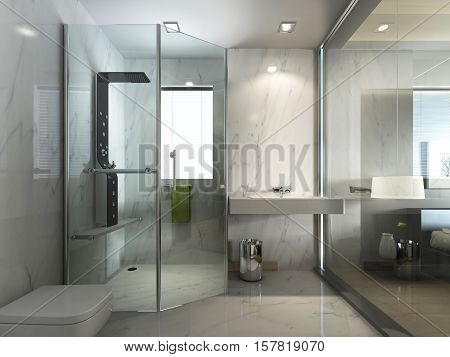 Transparent Glass Bathroom With Shower And Wc.