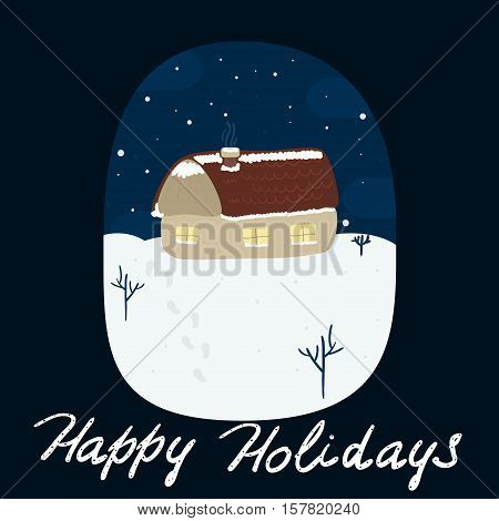 Happy Holidays card House on the hill in winter. Printable templates.
