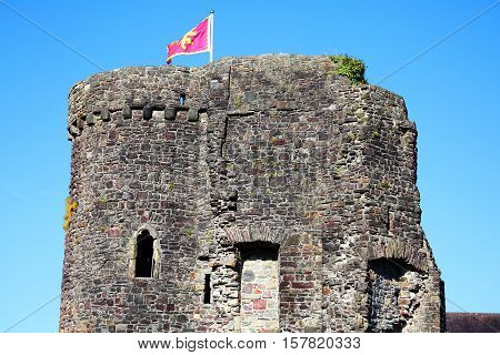 Carmarthen, Wales, UK, October 22, 2016 :  Tower of Carmarthen Castle which is a 12th century ruin and one of the cities most popular visitor attractions