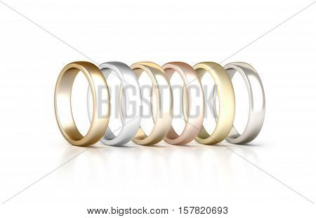 Different precious metals rings set stand isolated golden silver pink 3d rendering