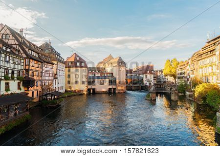 canal and old houses of Petit France medieval district of Strasbourg, France