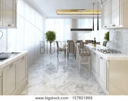 Luxury Kitchen With Opaline Furniture In Art Deco Style.