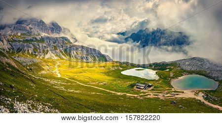Foggy Morning Scene In The National Park Tre Cime Di Lavaredo