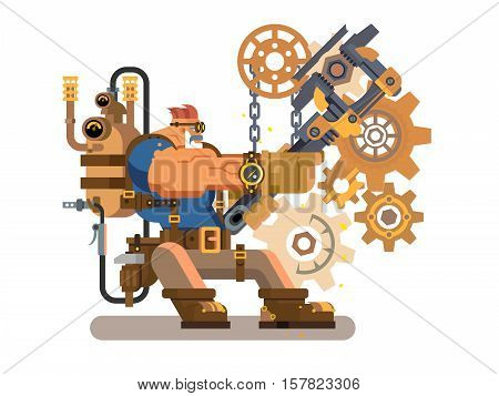 Steam engineer. Worker engineering, repairman and wrench, heat and flame, boiler machine, flat vector illustration