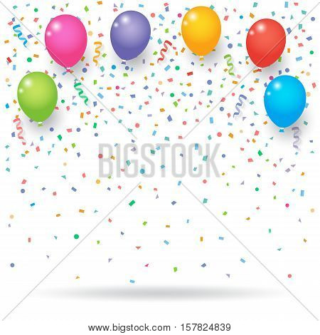 Colorful explode confetti with balloons and ribbons on white background. Confetti for birthday carnival celebration anniversary and holiday party background.