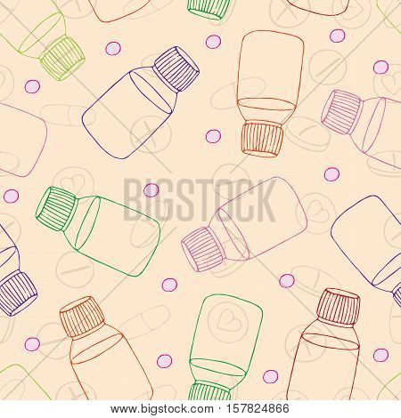 Vector handdrawn medical pattern with bottles and different drugs