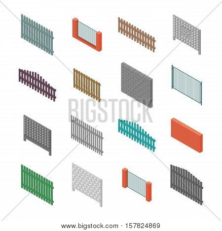 A set of isometric spans fences of various materials. Wood concrete steel bricks and cinder blocks. Isolated on white background. Elements of buildings and landscape design vector illustration.