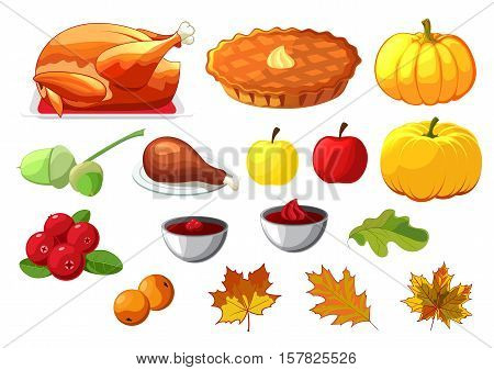 Set of element for Happy Thanksgiving Day on white background. Badge, icon, template apple, cranberries, pumpkin pie, leaf, turkey, sous, rowan berry