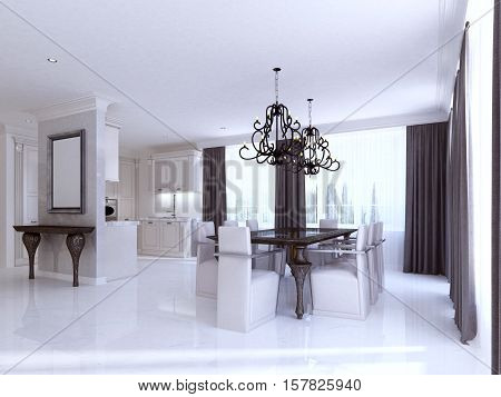 Classic White Kitchen-dining Room In The Style Of Art Deco.
