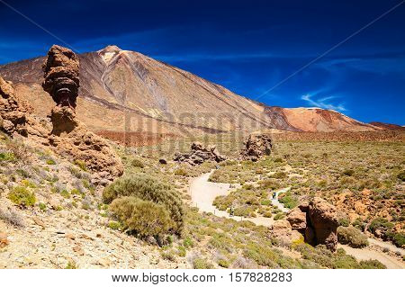 Roque Cinchado With Famous Pico Del Teide Mountain Volcano