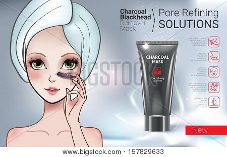 Charcoal Mask ads. Vector Illustration with Manga style girl and Charcoal Blackhead Remover Mask tube.