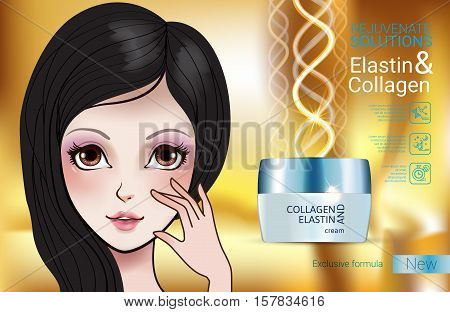 Collagen solution intensive cream ads. Vector Illustration with Manga style girl and Collagen and Elastin cream container.