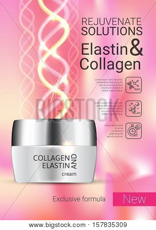 Collagen solution intensive cream ads. Vector Illustration with Collagen and Elastin cream container.