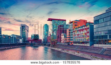 Colorful View Of Rhine River At Evening In Dusseldorf