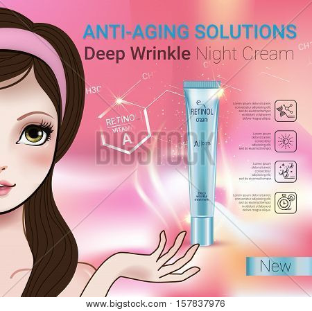 Retinol anti-aging cream ads. Vector Illustration with Manga style girl and Vitamin A cream tube.