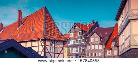 Colorful morning scene in the Wolfenbuttel village. Facade of the authentic fahverk houses. Wolfenbuttel Germany Europe. Instagram toning.