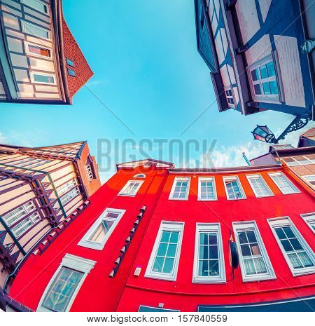 Colorful morning scene in the Wolfenbuttel village. Facade of the authentic fahverk houses. Wolfenbuttel Germany Europe. Instagram toning.