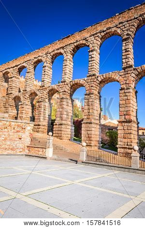 Segovia Castilla y Leon. Roman aqueduct bridge of Segovia in Castile Spain.