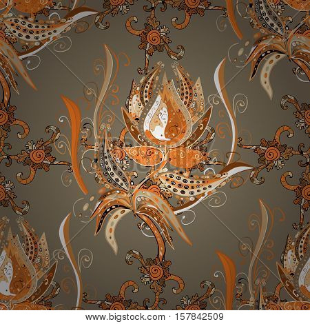 Seamless Floral Pattern On Brown Style. Vector Illustration.