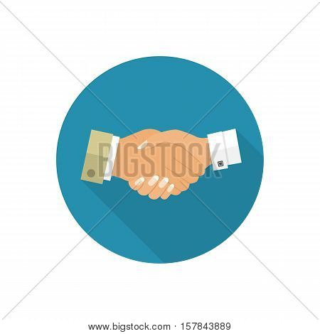 Handshake men and women icon. Handshake of business people partners businessmen and businesswomen. Hand shaking meeting agreement. Vector flat design. Symbol of successful transaction.