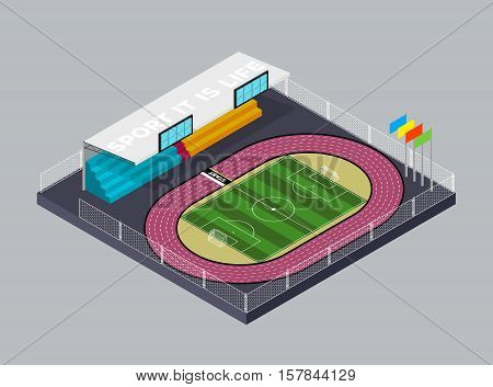 Soccer stadium. Football. Football field and running track in isometric style. Flat isometric icon. Welcome to stadium. Vector illustration