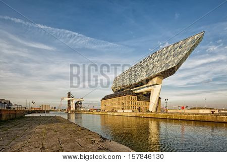 Antwerp Belgium - October 2016: The new Port House in Antwerp repurposes renovates into a new headaquarters for the port creates by Zaha Hadid her last project