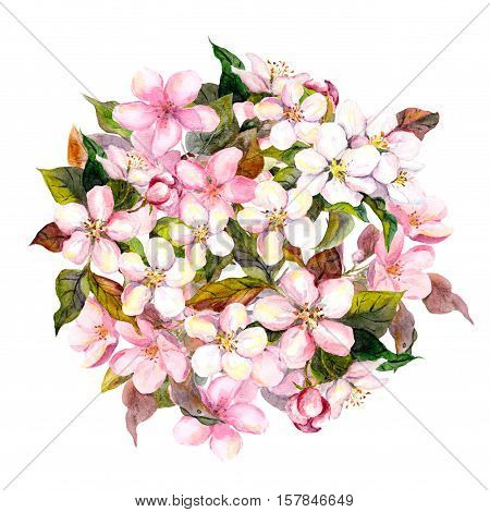 Floral circle with pink flowers - apple, cherry, sakura blossom. Watercolor