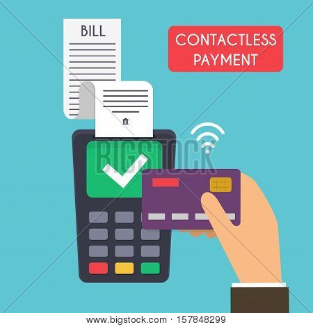 Contactless payment. Male hand holding credit card. Illustration of wireless mobile payment by credit card. Flat design modern vector illustration concept.