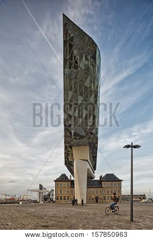 Antwerp Belgium - October 2016: The new Port House in Antwerp repurposes renovates into a new headaquarters for the port creates by Zaha Hadid her last project