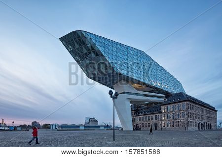 Antwerp Belgium - October 2016: The new Port House in Antwerp repurposes renovates into a new headaquarters for the port creates by Zaha Hadid her last project