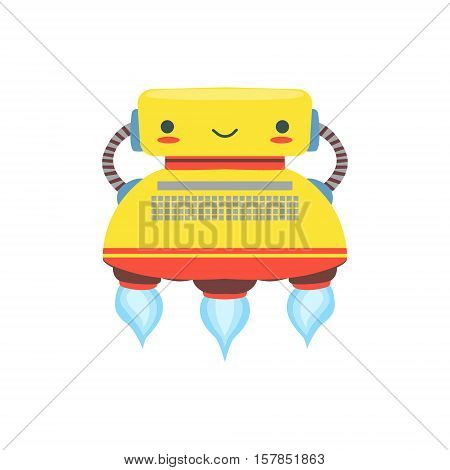 Yelllow Flying Friendly Android Robot Character In Shape Of Typewriter Vector Cartoon Illustration. Futuristic Bionic Person Portrait In Childish Manner, Part Of Fantasy Droids Collection.