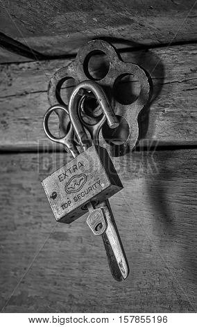 Padlock, scissors and tap. Rissia, April of 2016