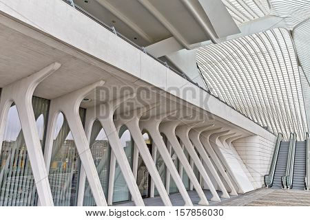 LIEGE BELGIUM - December 2014: View on escalators in the Liege-Guillemins railway station designed by Santiago Calatrava